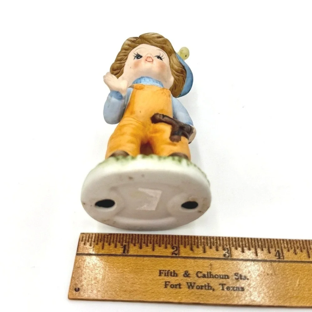 Vintage‎ Bisque Porcelain Boy Figurine Slingshot Bird Hat Orange Overalls